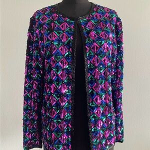 VTG Laurence Kazar Silk Sequined Jacket Geometric Pattern Women's 80s 90s Sz L